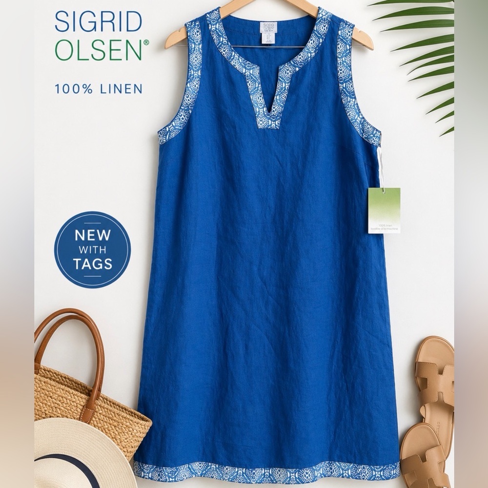 Sigrid Olsen 100% Linen Shift Dress Blue Sleeveless Embroidered Trim NWT Small